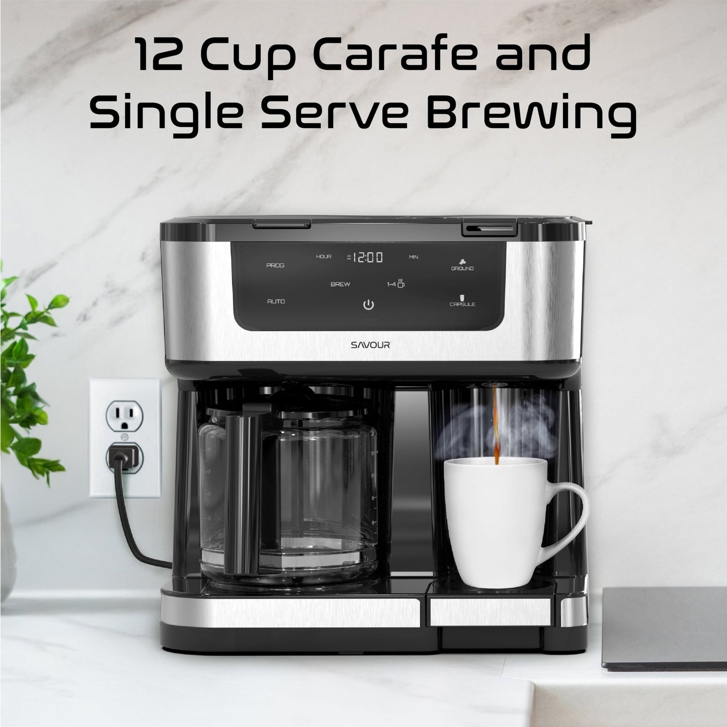 Savour Dual Coffee Maker with programmable 12-cup coffee pot and single-serve coffee machine, black appliance on kitchen counter.