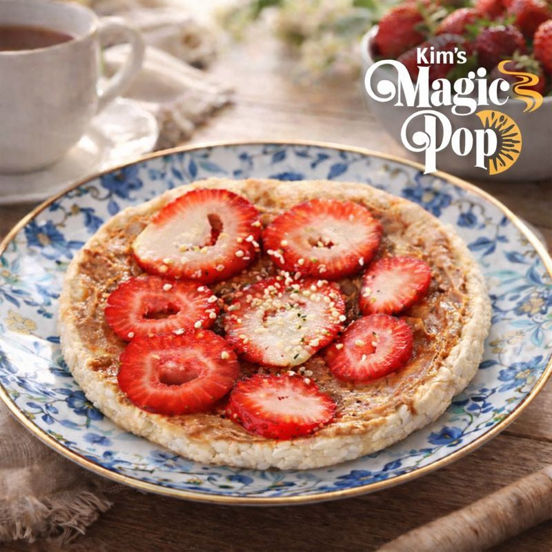 Strawberry flavor Kim's Magic Pop Delice Products snack with crispy, puffed rice and sweet strawberry taste in a colorful package.