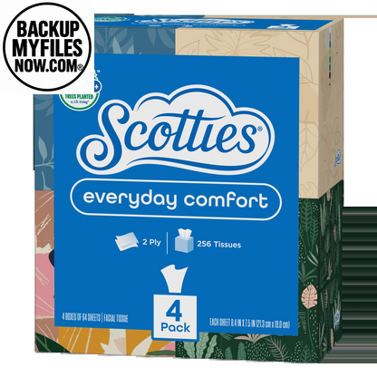 Four packs of Scotties Everyday Comfort Facial Tissues in 2-ply cube boxes, totaling 256 tissues.
