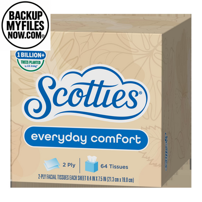 Six-pack of Scotties Everyday Comfort Facial Tissues in 2-ply cube boxes, total 256 tissues, ideal for daily use.