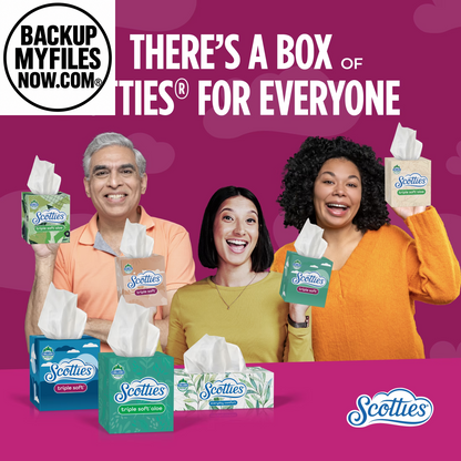 Six-pack of Scotties Everyday Comfort facial tissues in 2-ply cube boxes, totaling 256 tissues for daily use.