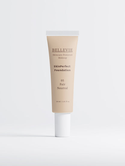 BelleVie Cosmétiques Peptide Skin-Perfecting Foundation in shade 05 Fair Neutral, showing a smooth, light beige liquid foundation.