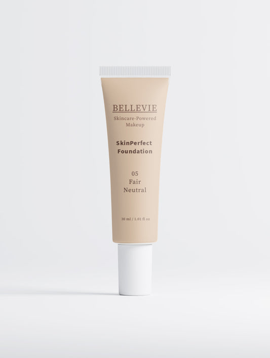 BelleVie Cosmétiques Peptide Skin-Perfecting Foundation in shade 05 Fair Neutral, showing a smooth, light beige liquid foundation.