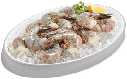 Fresh colossal easy peel white shrimp in 8/12 count, seafood product, showing peeled shrimp with tails removed.