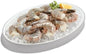 Fresh colossal easy peel white shrimp in 8/12 count, seafood product, showing peeled shrimp with tails removed.