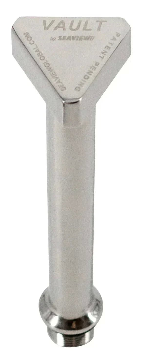 Stainless steel Vault Center Drain Plug by Seaview Global, showing the round, durable drain plug designed for marine use.