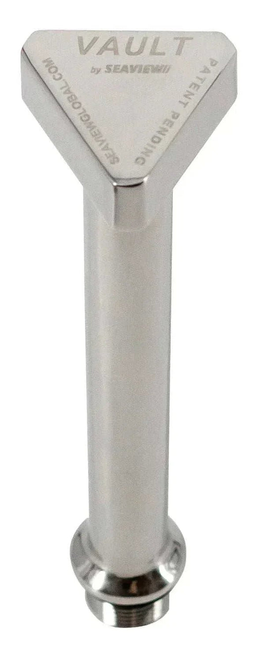 Stainless steel Vault Center Drain Plug by Seaview Global, showing the round, durable drain plug designed for marine use.