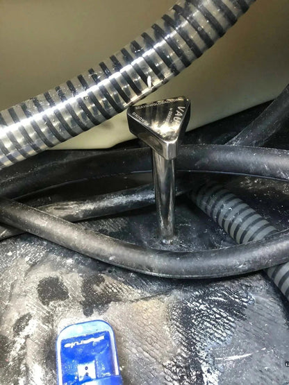 Stainless steel Vault Center Drain Plug by Seaview Global, showing a close-up of the durable, polished drain plug for marine use.