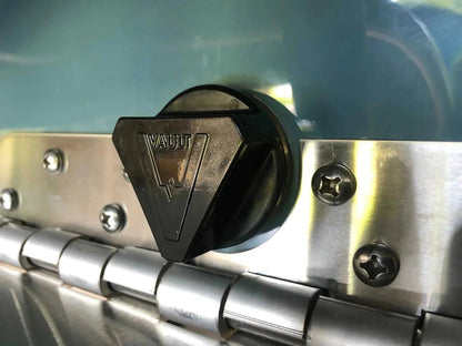 Seaview Global Vault Drain Plug, black marine hardware component with textured surface for secure water drainage in boats.