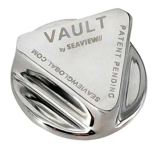 Stainless steel Vault Drain Plug by Seaview Global showing its sturdy design and compact size for marine drainage systems.
