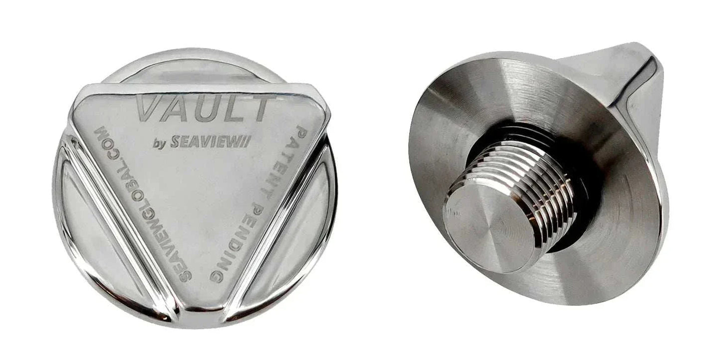 Stainless steel Vault Drain Plug from Seaview Global, with a close-up view showing its durable, polished metal surface.