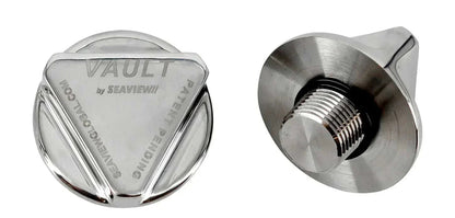 Stainless steel Vault Drain Plug from Seaview Global, with a close-up view showing its durable, polished metal surface.
