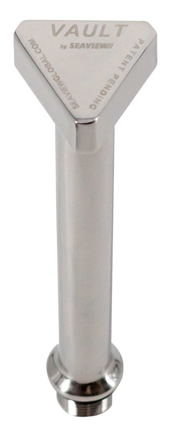 Seaview Global Vault Pro center drain plug in stainless steel, designed for marine or boat drainage systems.