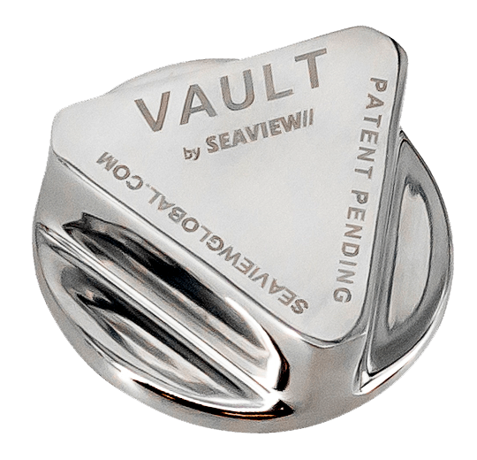 Stainless steel Vault Pro drain plug by Seaview Global, shown in a close-up view with threaded design for marine drainage systems.