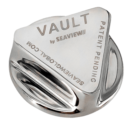 Stainless steel Vault Pro drain plug by Seaview Global, shown in a close-up view with threaded design for marine drainage systems.