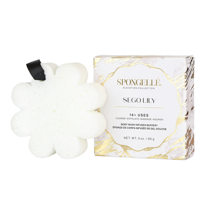 Spongellé Sego Lily Elevation Body Wash Infused Buffer with floral design and textured surface for refreshing skincare.