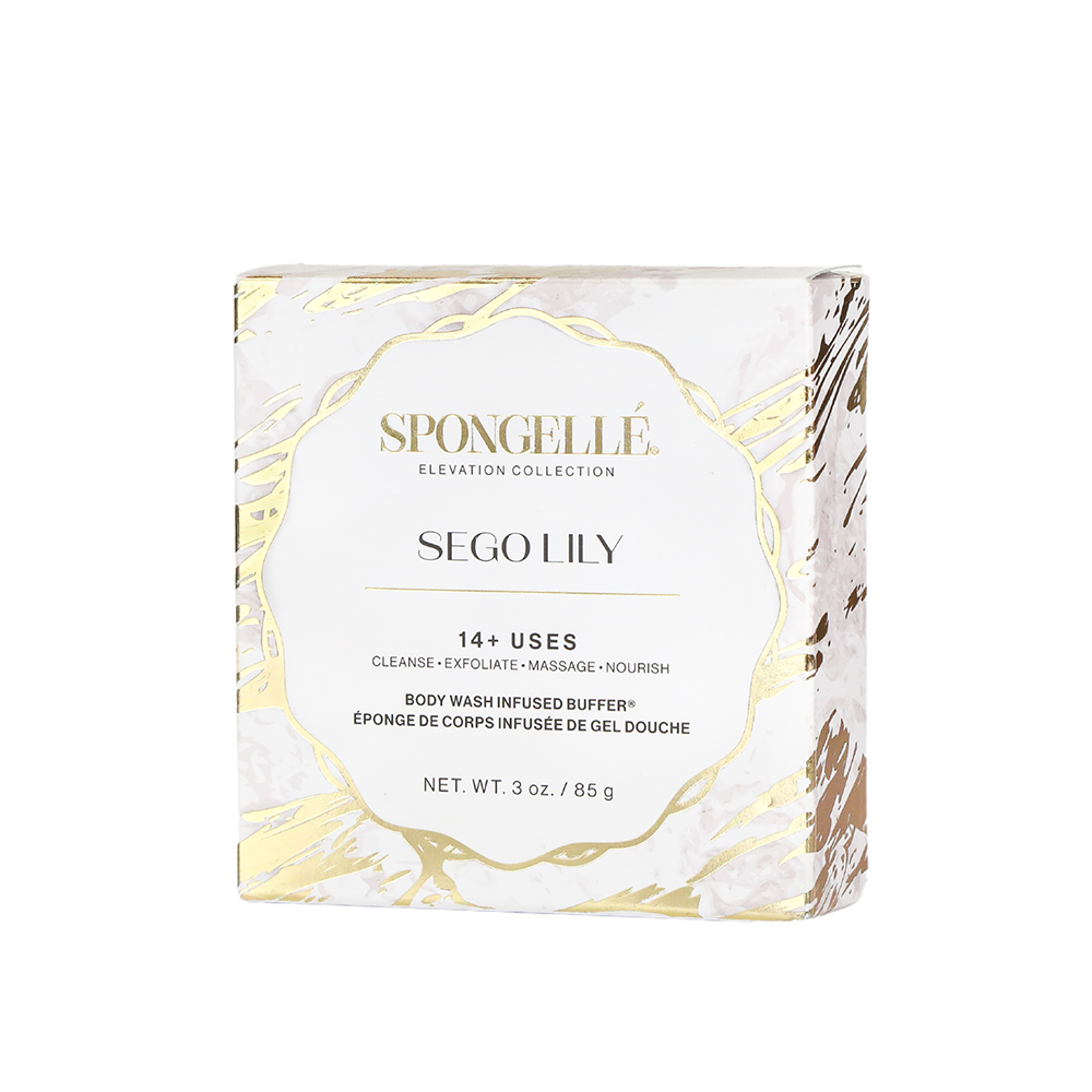 Spongellé Sego Lily Elevation boxed body wash infused buffer with floral design and packaging, ideal for skincare and exfoliation.