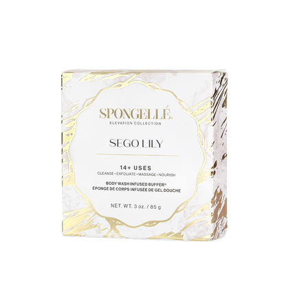 Spongellé Sego Lily Elevation boxed body wash infused buffer with floral design and packaging, ideal for skincare and exfoliation.