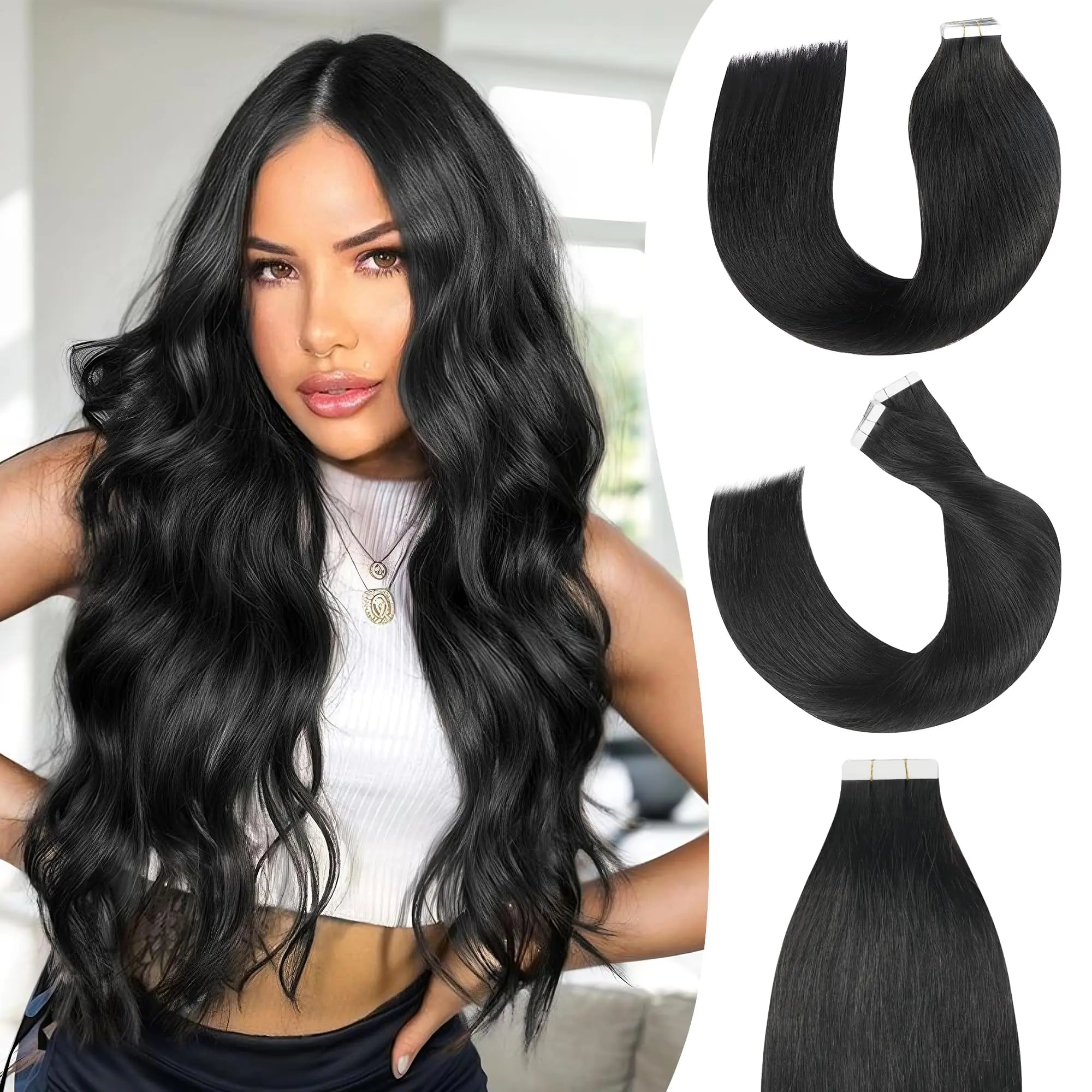 SENDUHAIR Tape in Hair Extensions Human Hair 20pcs 50g 24 Inch Black Remy Human HairStraight Seamless Tape Ins for Women Human Hair Extensions Skin Weft Natural Real Human Hair Extensions - BACKUPMYFILESNOW