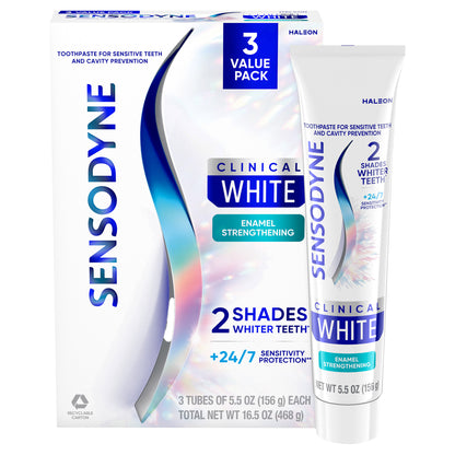 Three 5.5 oz tubes of SENSODYNE Clinical White Toothpaste in a 3-pack, displaying the white packaging and brand logo.
