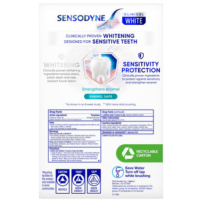 Three tubes of SENSODYNE Clinical White Toothpaste, 5.5 oz each, arranged side by side on a white background.