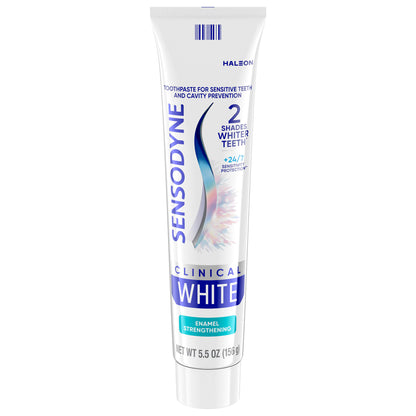 SENSODYNE Clinical White Toothpaste 5.5 oz 3-pack, showing tubes with white and blue packaging and SENSODYNE branding