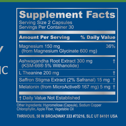 Bottle of Thrivous Clarity and Serenity Stack dietary supplement with label displaying the product name and branding.