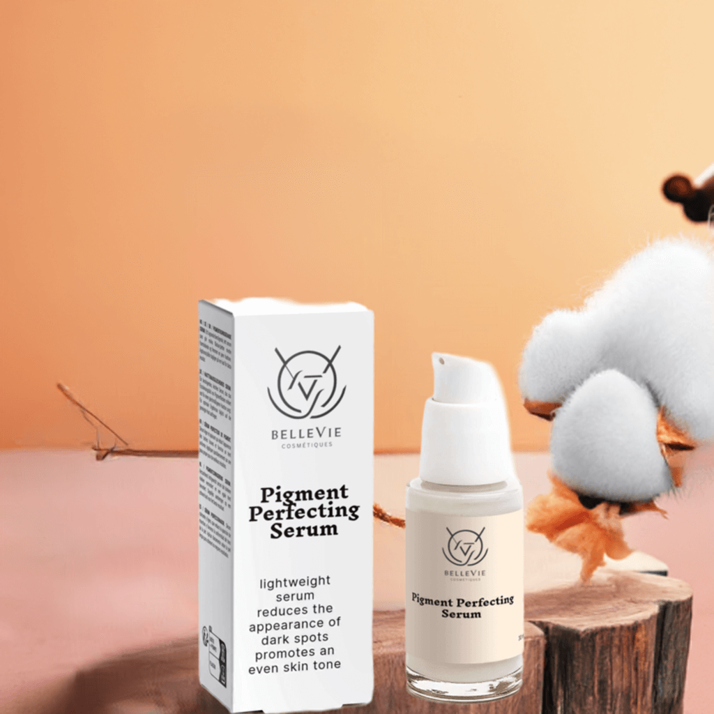 BelleVie Cosmétiques Pigment Perfecting Serum 30ml brightening serum for dark spots and hyperpigmentation on clear skin.
