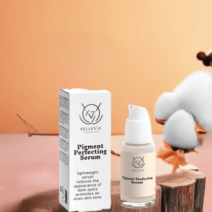 BelleVie Cosmétiques Pigment Perfecting Serum 30ml brightening serum for dark spots and hyperpigmentation on clear skin.