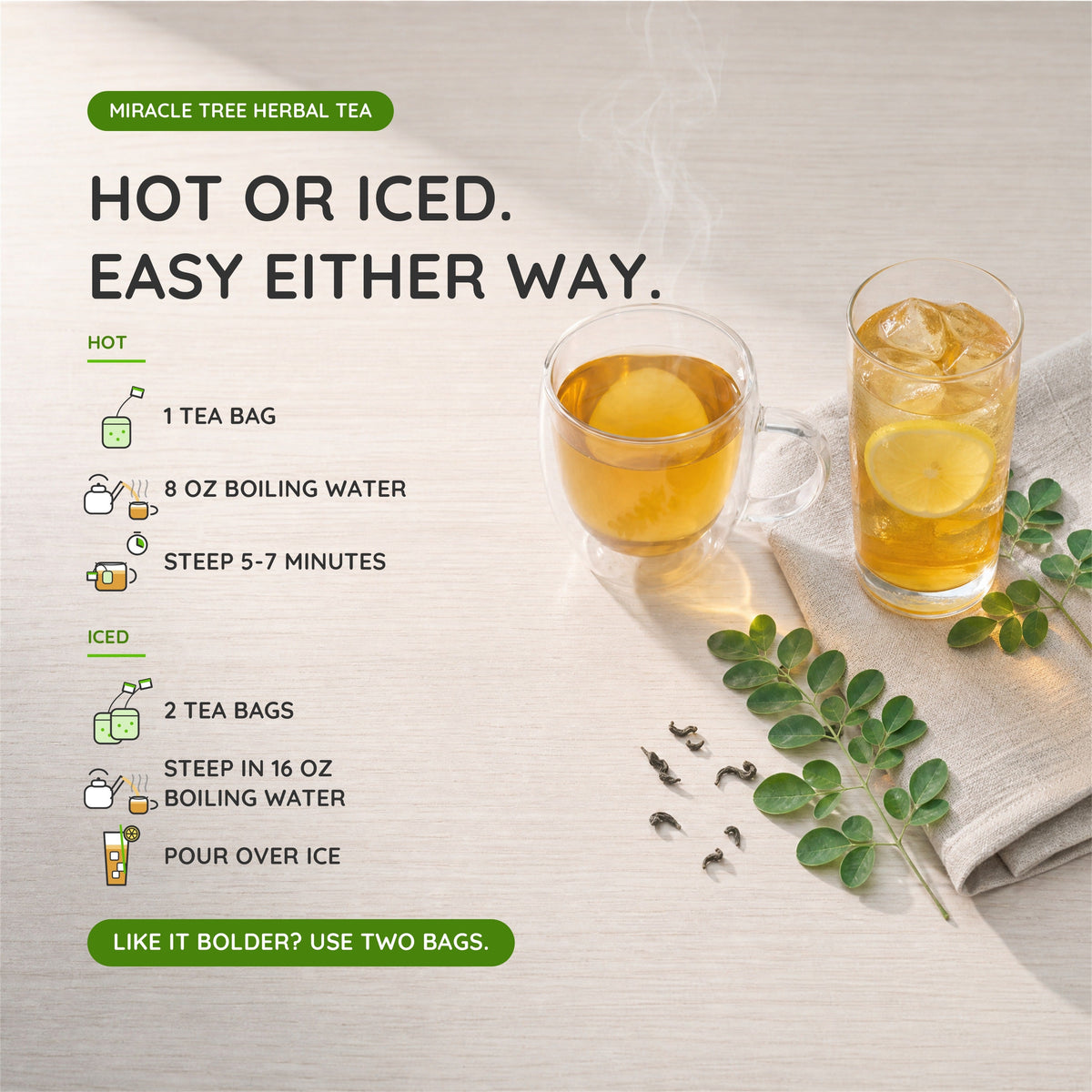 Organic Moringa Tea with mint by Miracle Tree, caffeine-free herbal tea in a clear glass cup showing fresh mint leaves and tea.