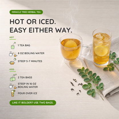 Organic Moringa Tea with mint by Miracle Tree, caffeine-free herbal tea in a clear glass cup showing fresh mint leaves and tea.