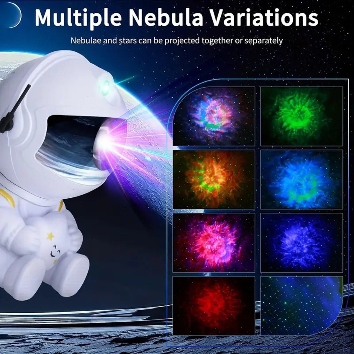 Black astronaut night light projector by Shaketea displaying starry night scenes for aesthetic room decor.