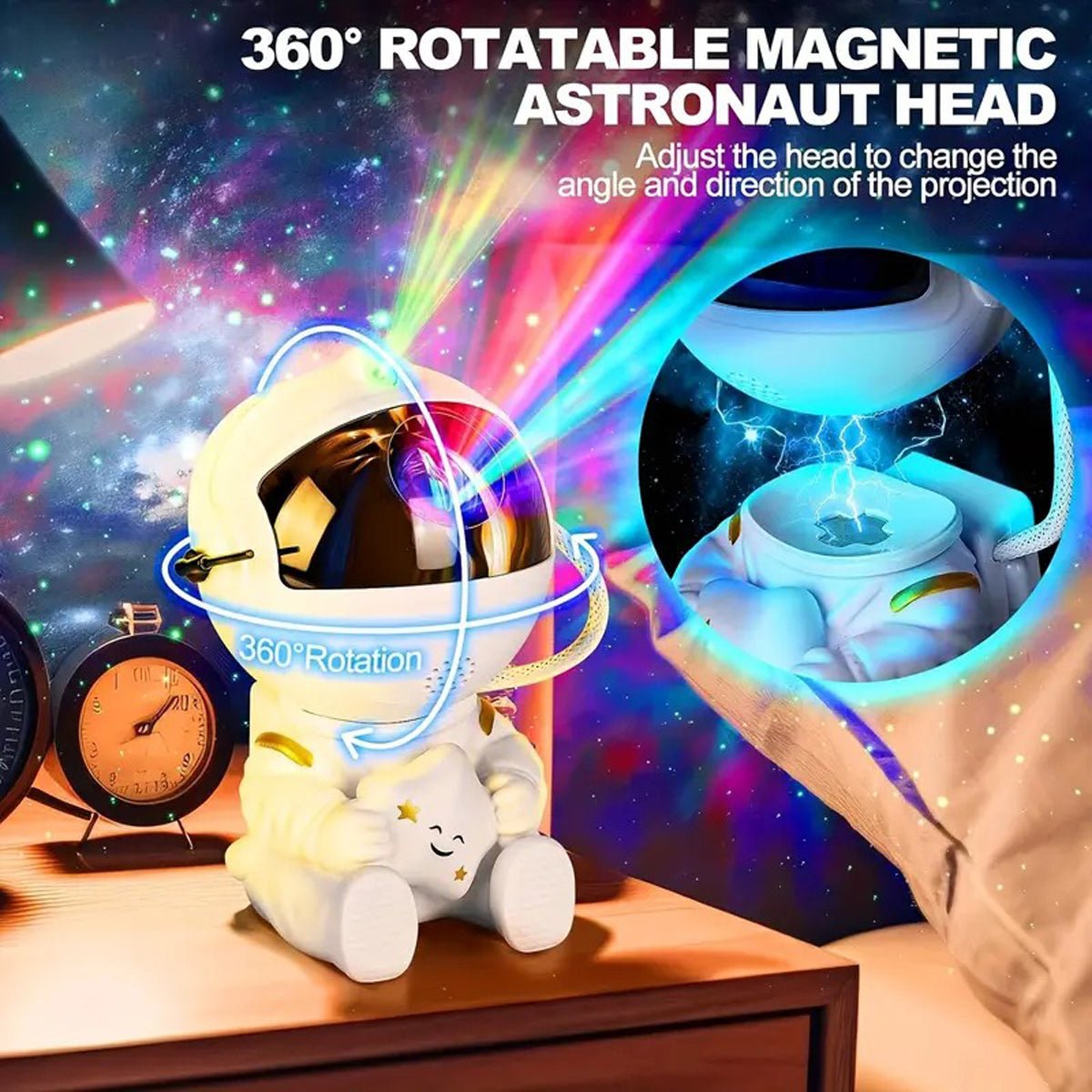 Shaketea astronaut night light projector in black, displaying starry night scenes for aesthetic room decor and gifts.