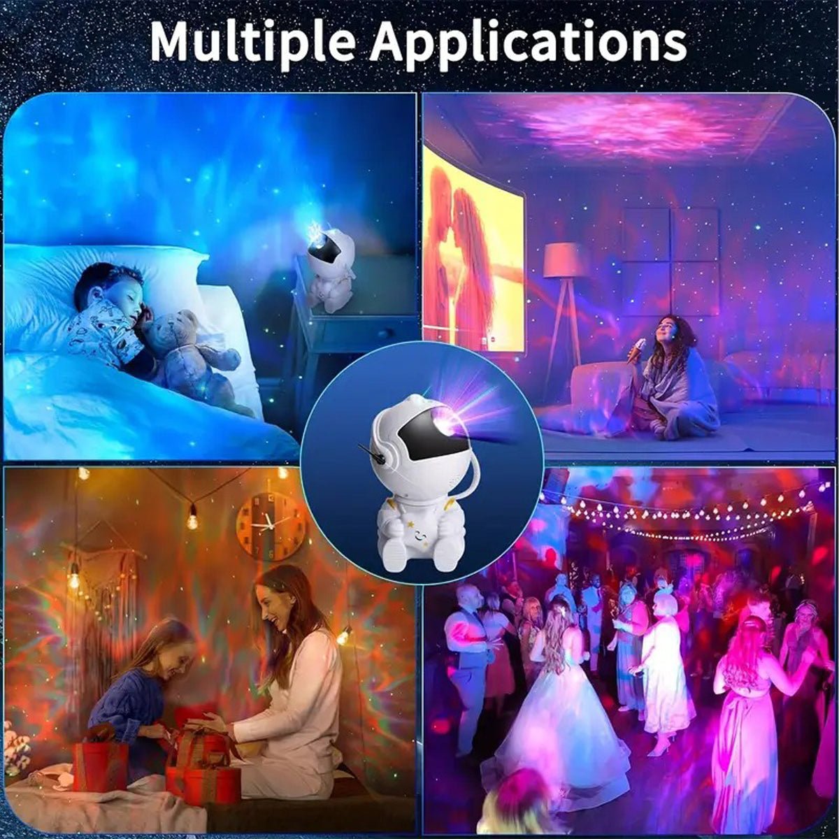 Shaketea astronaut night light projector with black guitar design, projecting starry night images for aesthetic room decor.