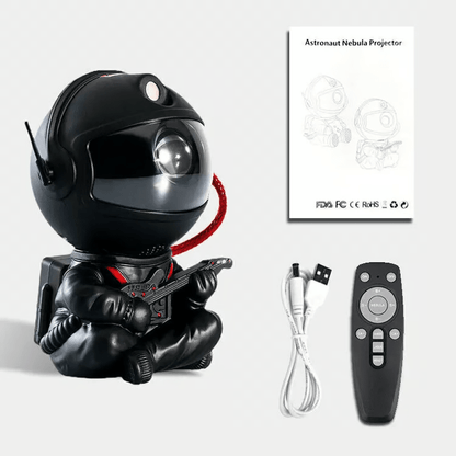 Shaketea astronaut night light projector with black guitar design, projecting starry night images for aesthetic room decor.