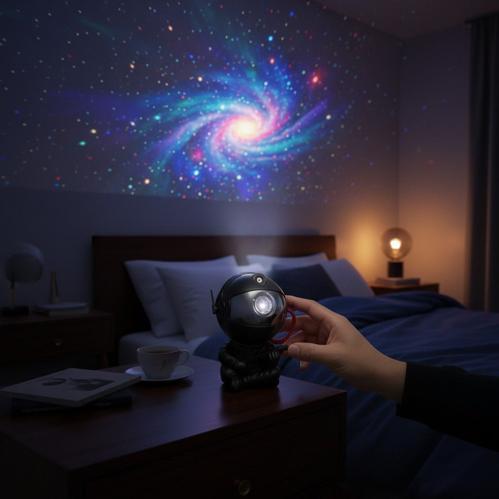 Black astronaut night light projector by Shaketea with starry night design, ideal for aesthetic room decor and gifts.