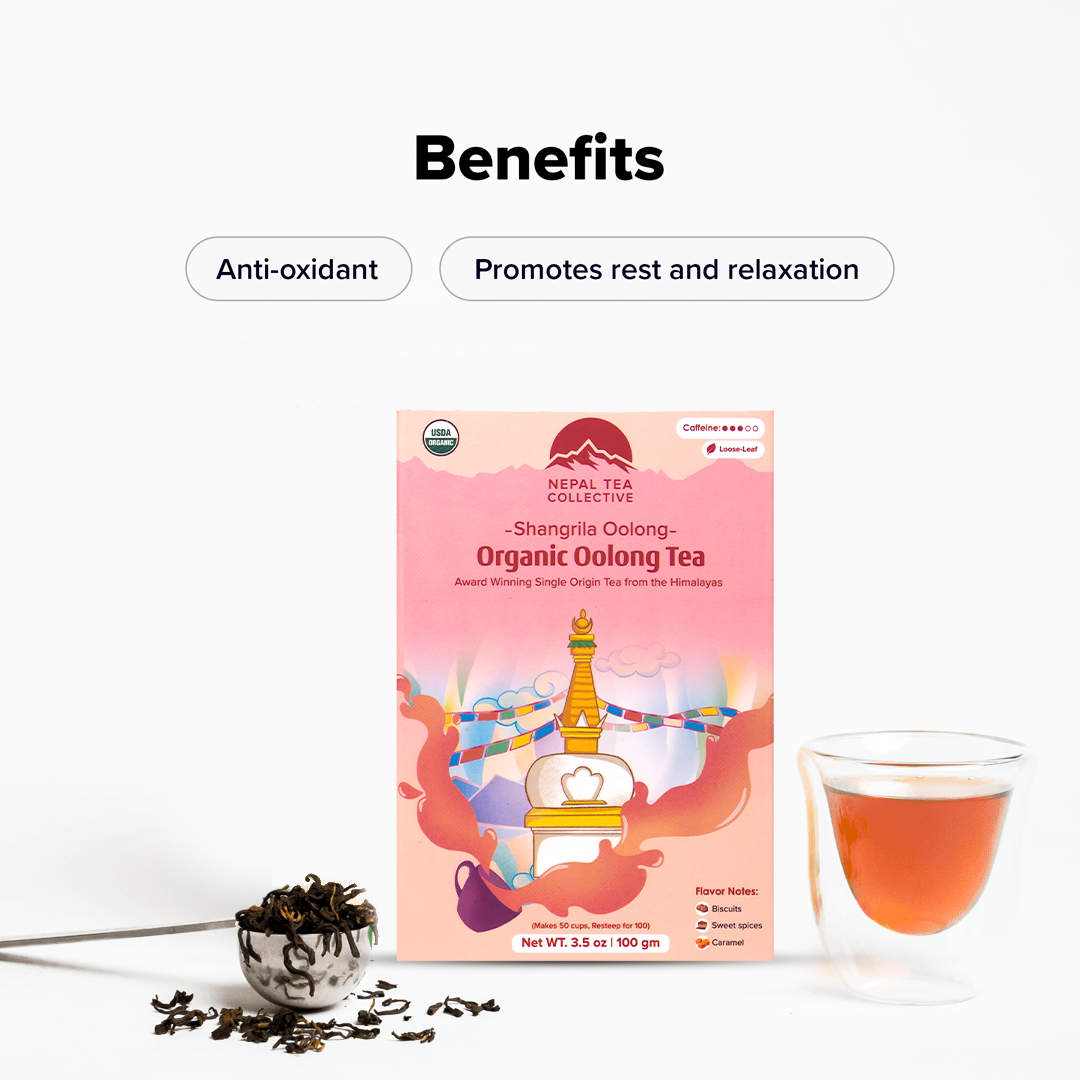 Organic Shangri-La Oolong tea leaves from Nepal Tea in a clear glass jar with dried tea leaves visible.