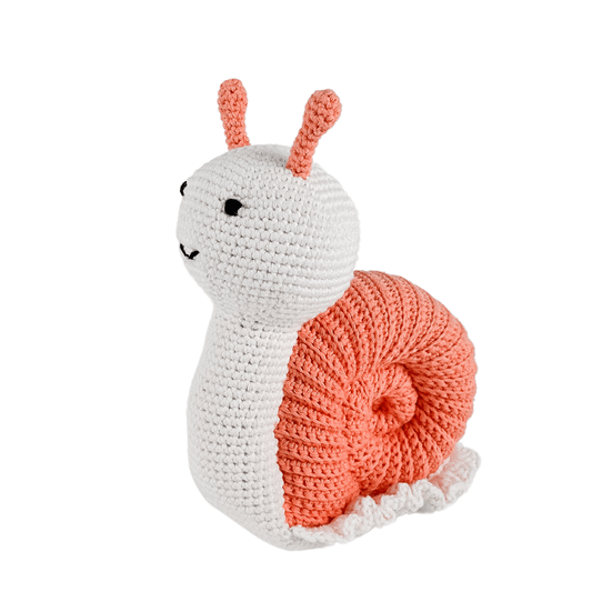 Handmade organic cotton Sheldon the Snail stuffed animal by Bebemoss, soft and cute with detailed shell and friendly face.