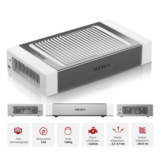 SheMax Style Pro white nail dust collector with adjustable vents for professional manicure nail dust extraction.