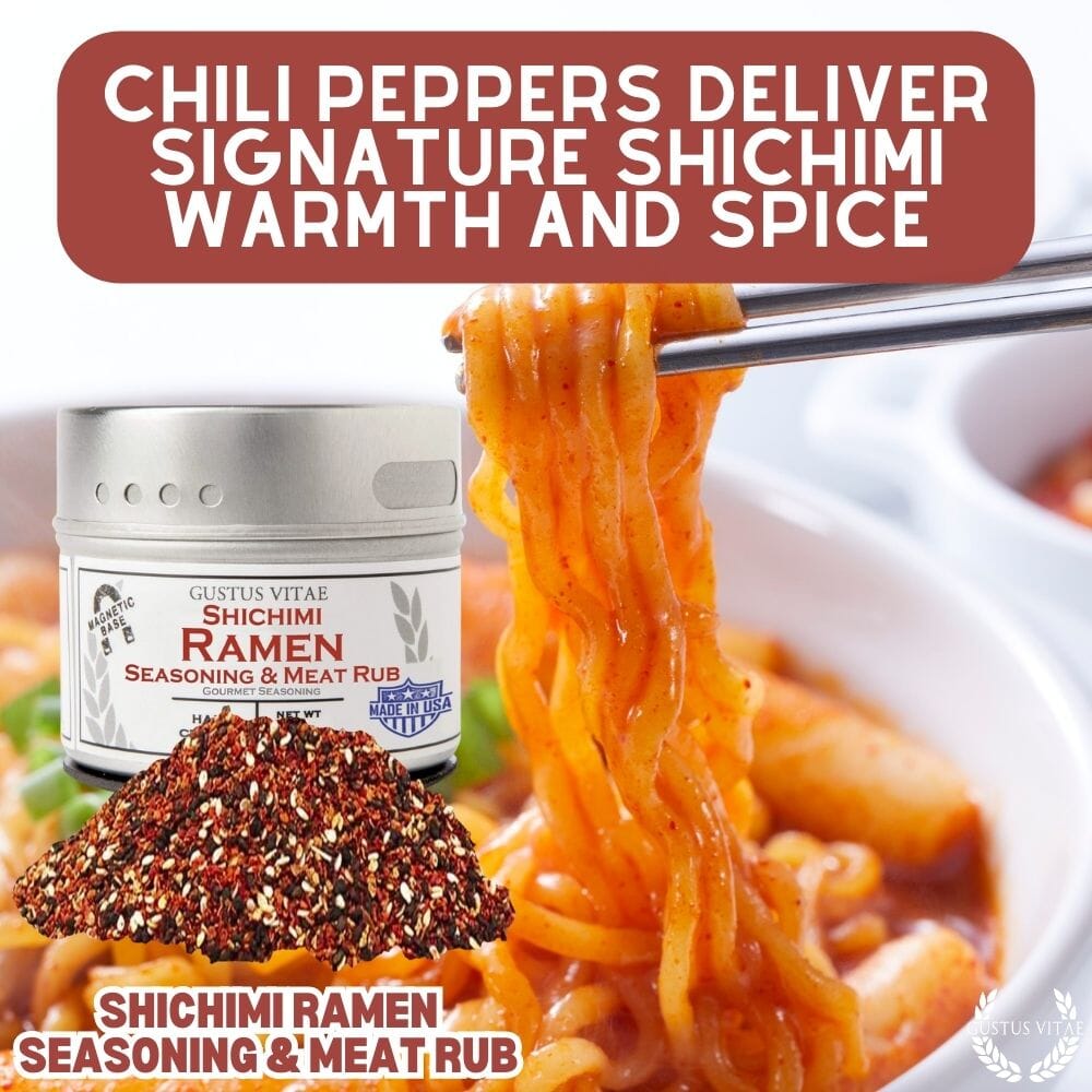 Gustus Vitae Shichimi ramen seasoning and meat rub in a jar, gourmet spice blend with red pepper flakes, sesame seeds, and herbs.