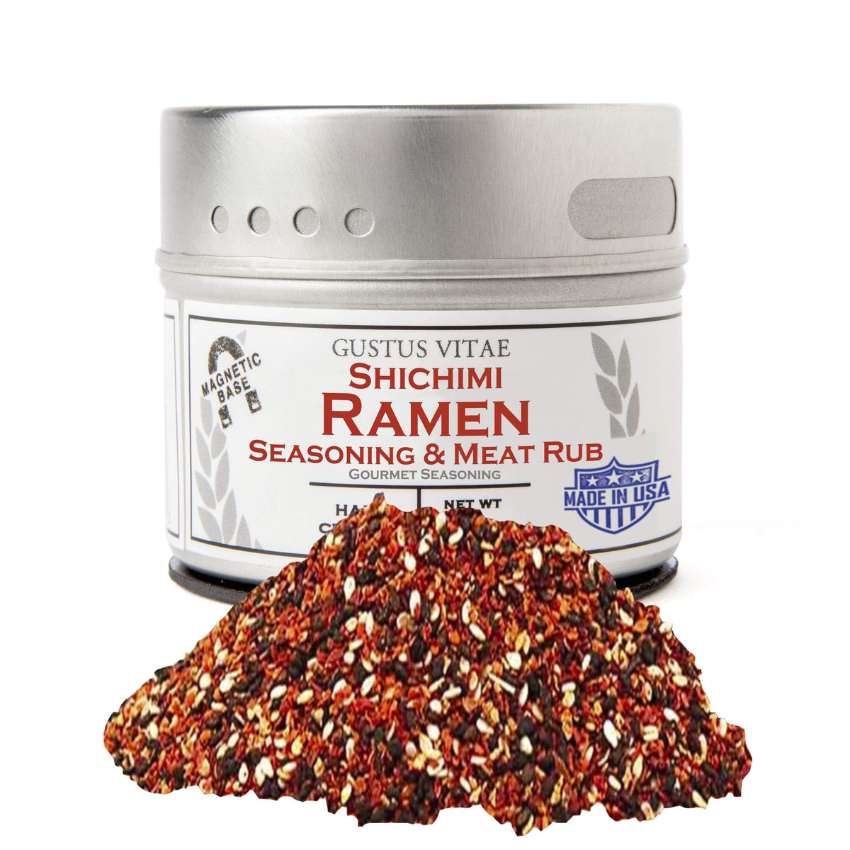 Gustus Vitae Shichimi Ramen Seasoning and Meat Rub in a jar, gourmet seasoning blend with red pepper flakes and spices.