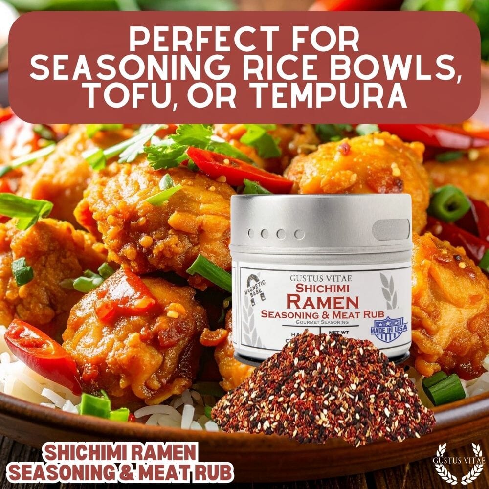 Gustus Vitae Shichimi ramen seasoning and meat rub in a jar, gourmet seasoning blend with red chili flakes and spices visible.
