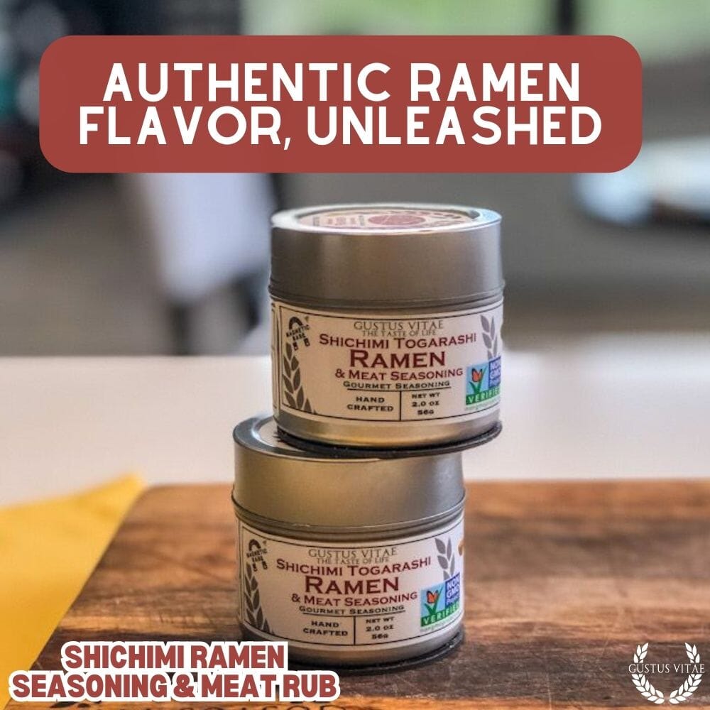 Gustus Vitae Shichimi Ramen Seasoning and Meat Rub, gourmet seasoning blends for flavorful dishes, shown in a jar with spice mix.