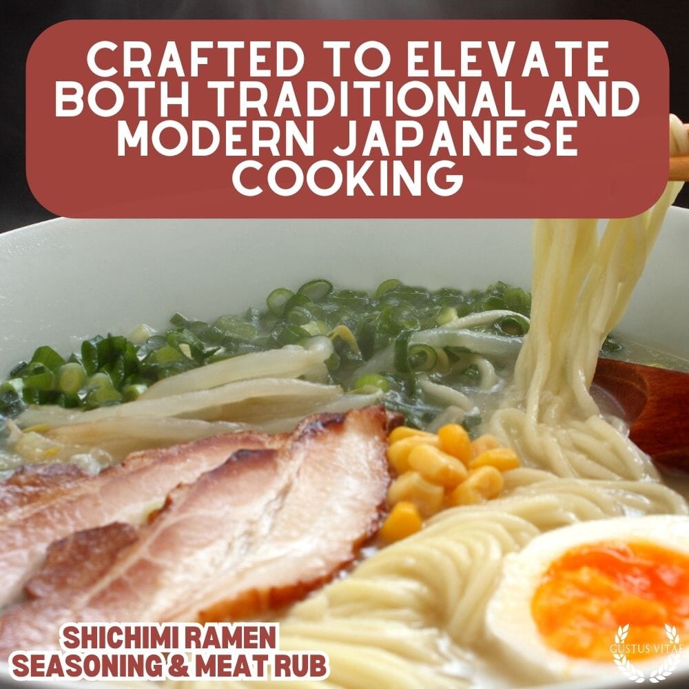 Gustus Vitae Shichimi Ramen Seasoning and Meat Rub in a jar, gourmet seasoning with red chili flakes and spices for flavorful dishes.