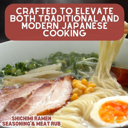 Gustus Vitae Shichimi Ramen Seasoning and Meat Rub in a jar, gourmet seasoning with red chili flakes and spices for flavorful dishes.