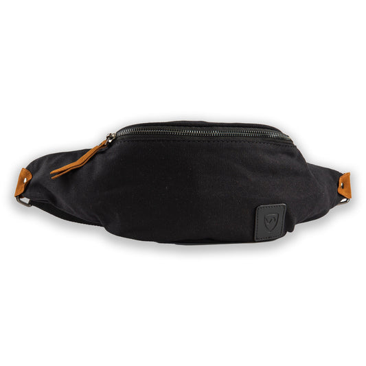 Black Canvas SYB Cross Body Fanny Pack by Shield Your Body with front view, designed for mobile phone and essential storage.
