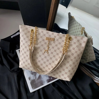 White New Presbyopia women's luxury crossbody handbag with soft leather texture, large capacity tote, hanging accessories, shoulder style.