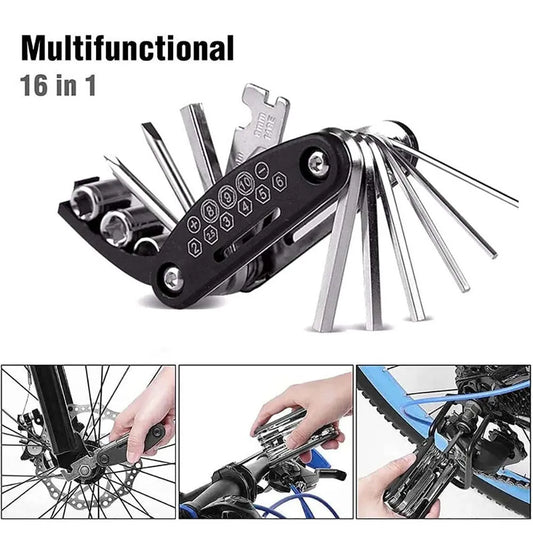 16-in-1 portable bicycle repair tools kit with hex wrenches, screwdrivers, nuts, and tire tools for bike and motorcycle maintenance.
