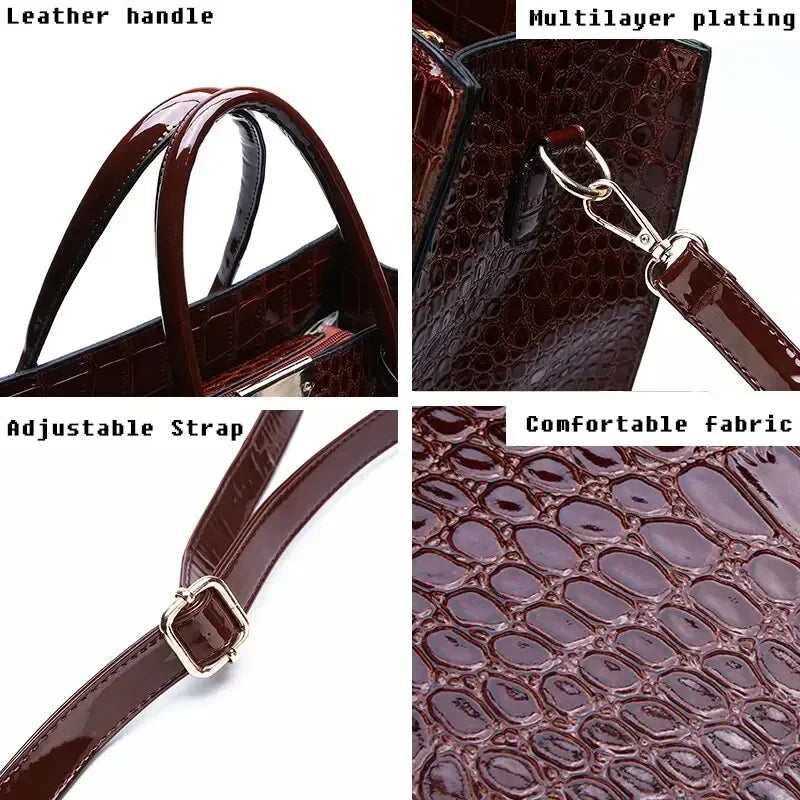 Wine red vintage crocodile pattern leather handbag with large capacity tote, ideal for women’s business and casual use.