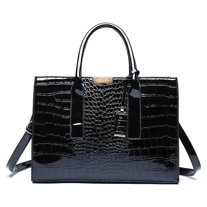 Wine-red vintage women's crocodile pattern leather tote bag with large capacity and shoulder strap, suitable for business or casual use.